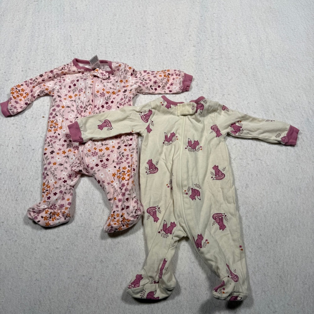 Gerber Newborn Baby Girl 2 Pack Sleep and Play Floral Fox Pink Cream Cotton